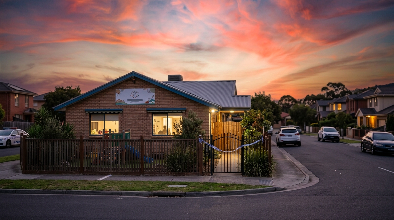 Bâtiment de garderie australienne au crépuscule avec ruban de police