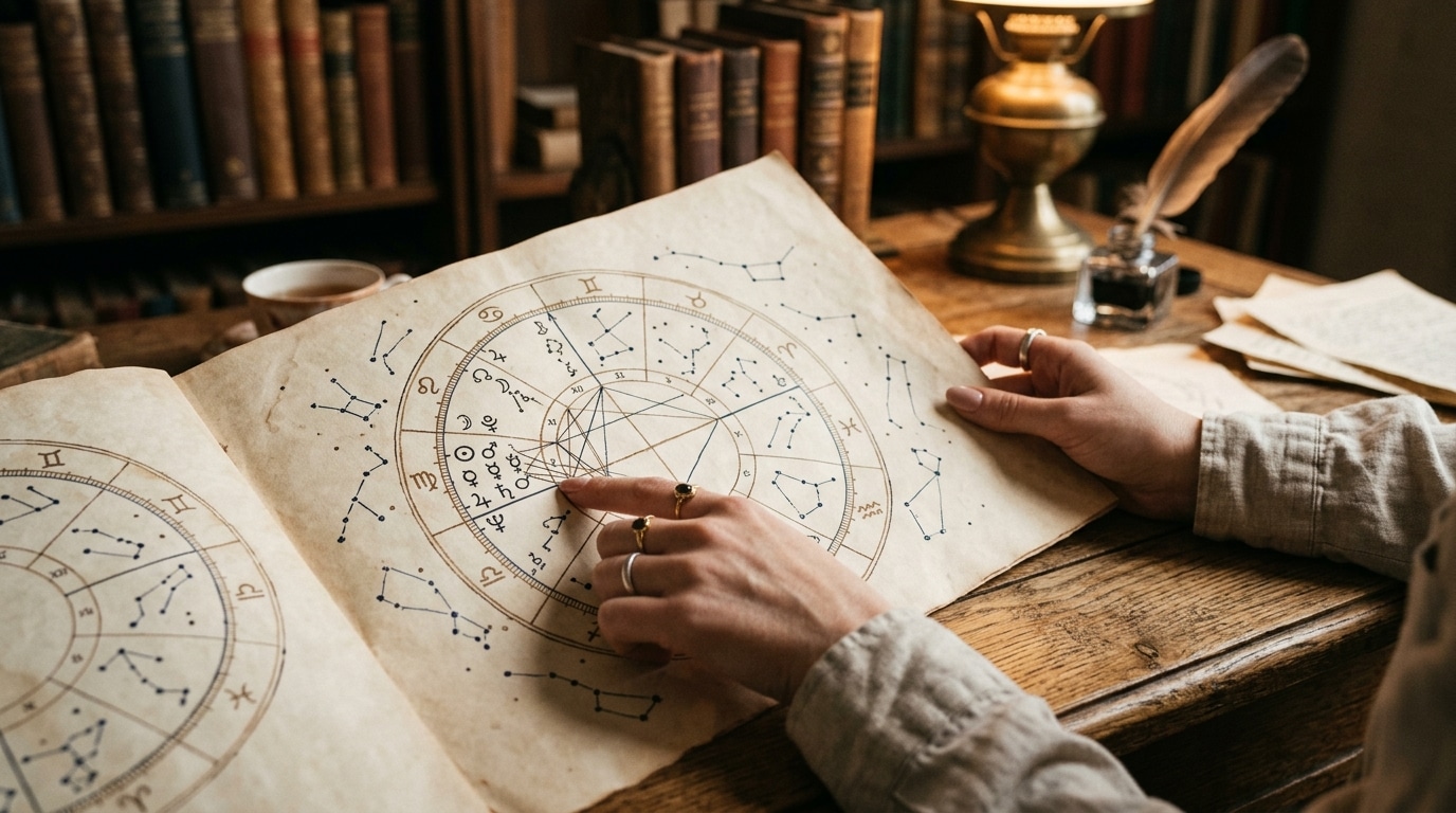 Carte astrologique ouverte sous une lumière chaude