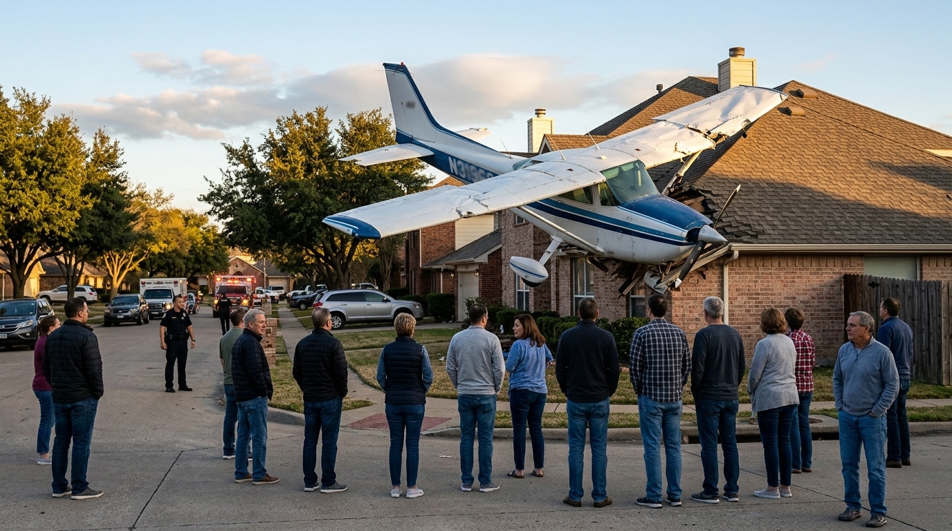 Avion accidenté encastré sur le toit d'une maison