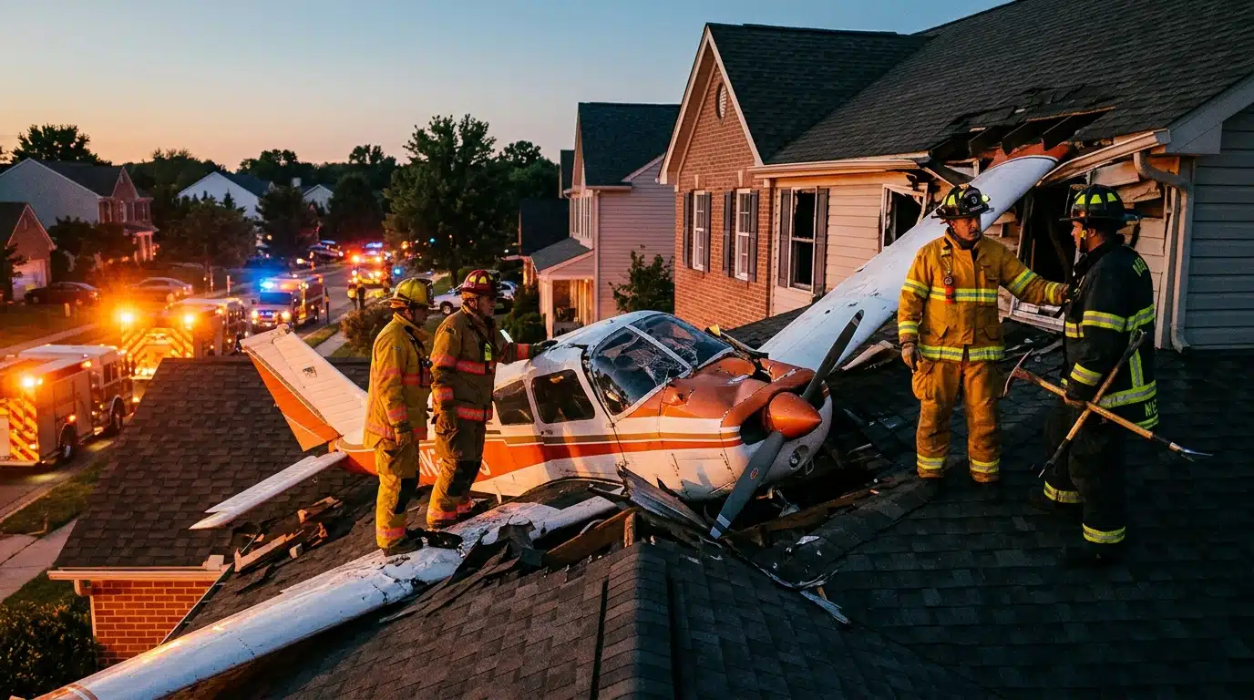 Secours intervenant près de l'avion écrasé sur un toit