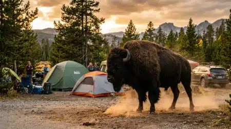 Bison face à des tentes dans un camping américain