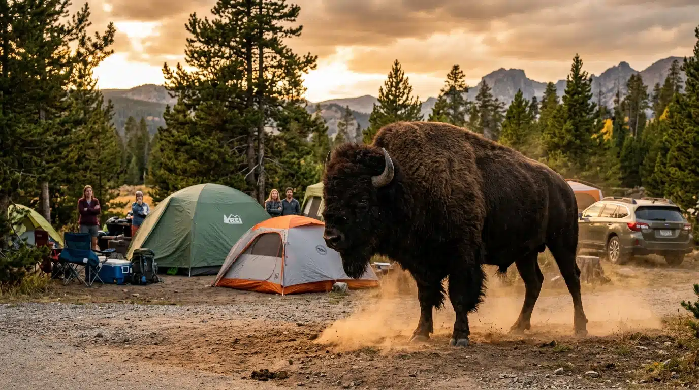 Bison face à des tentes dans un camping américain