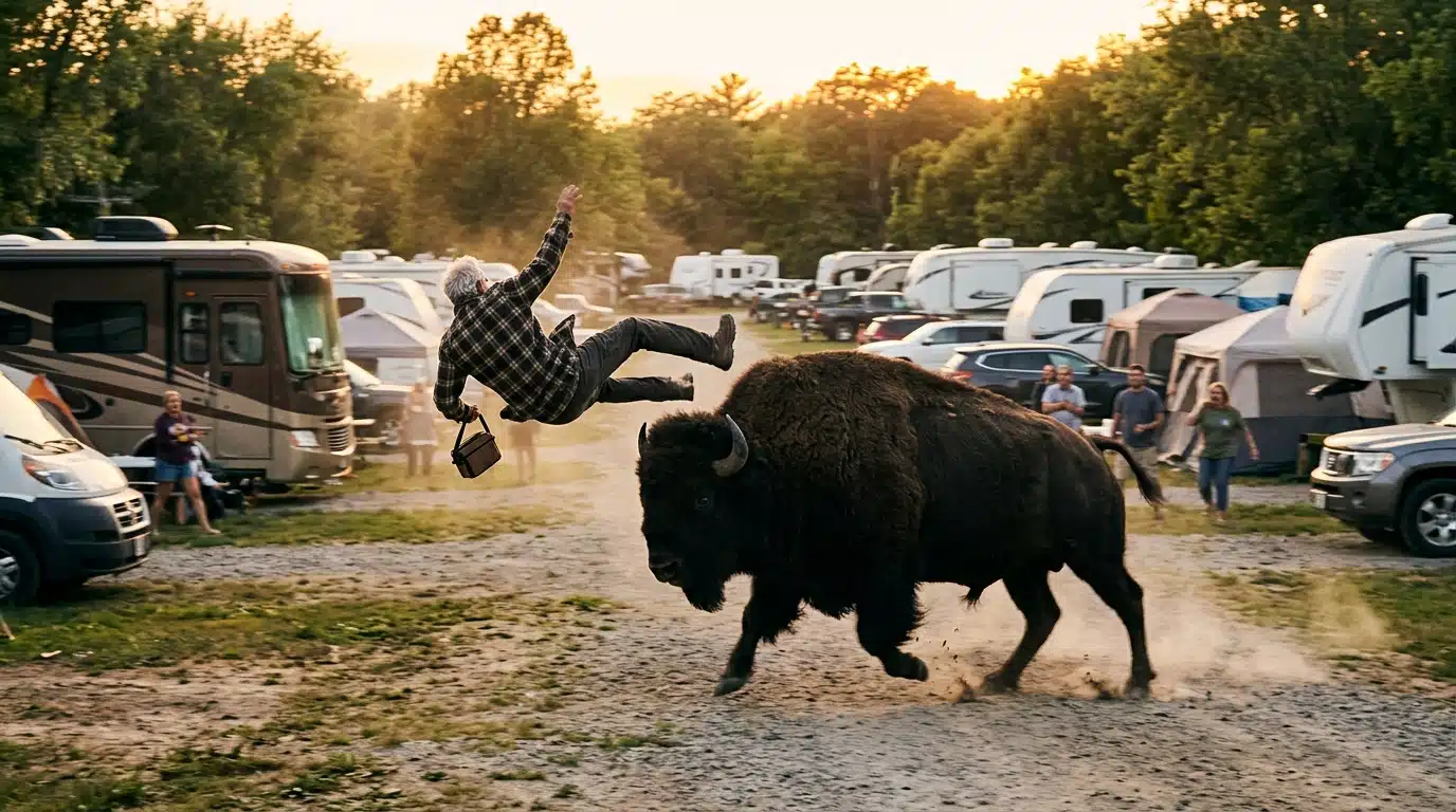 Homme âgé projeté dans les airs après une charge de bison