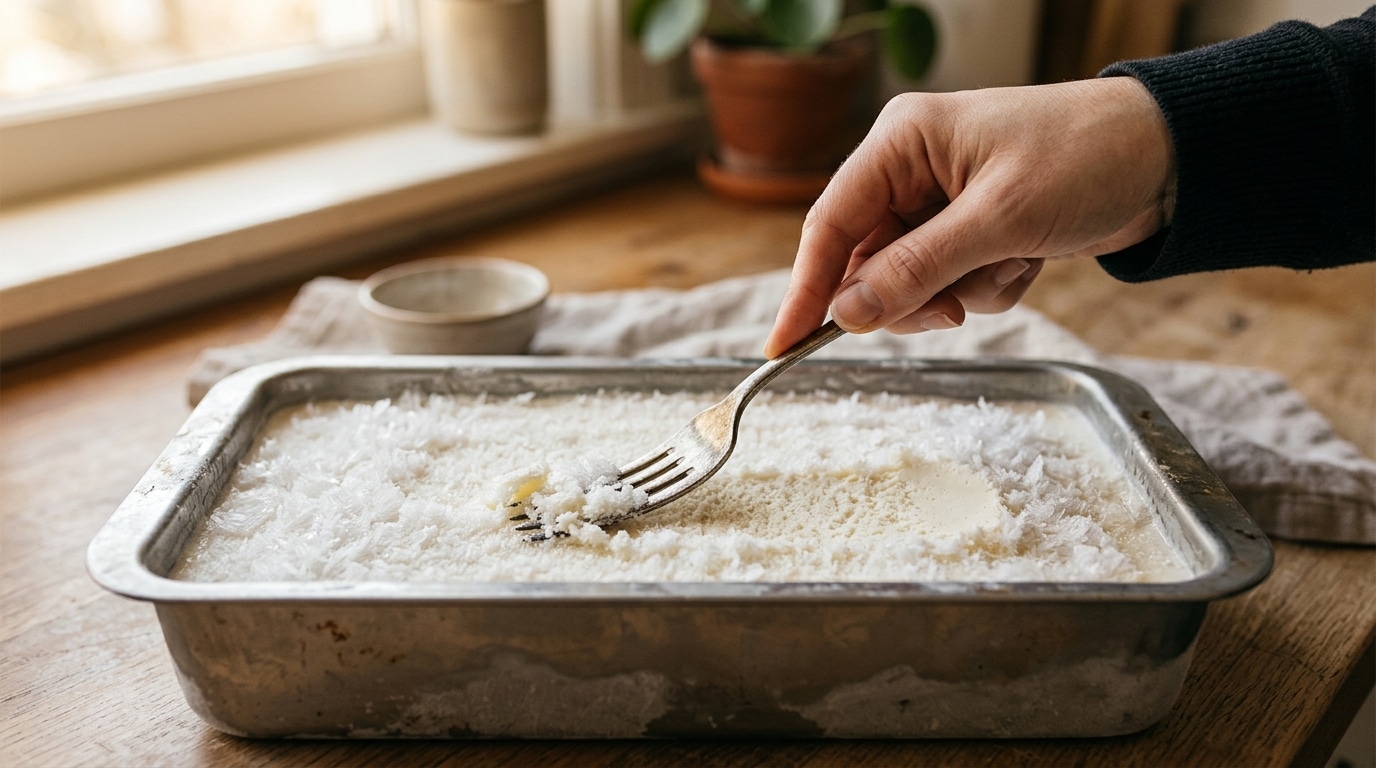 Main grattant à la fourchette une glace en cours de prise