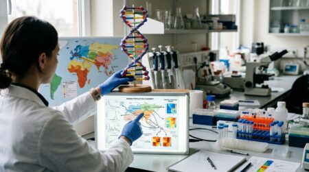 Scientifique examinant une hélice d'ADN en laboratoire