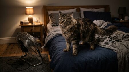 Chat Maine Coon vigilant dans une chambre la nuit