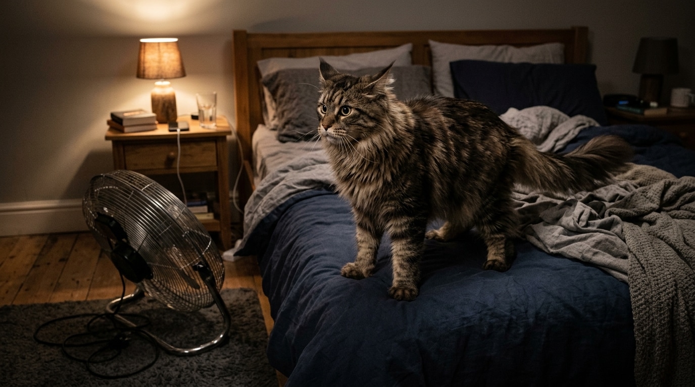 Chat Maine Coon vigilant dans une chambre la nuit