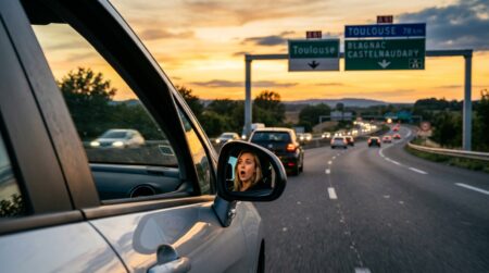 Voiture roulant sur l'autoroute vers Toulouse au crépuscule