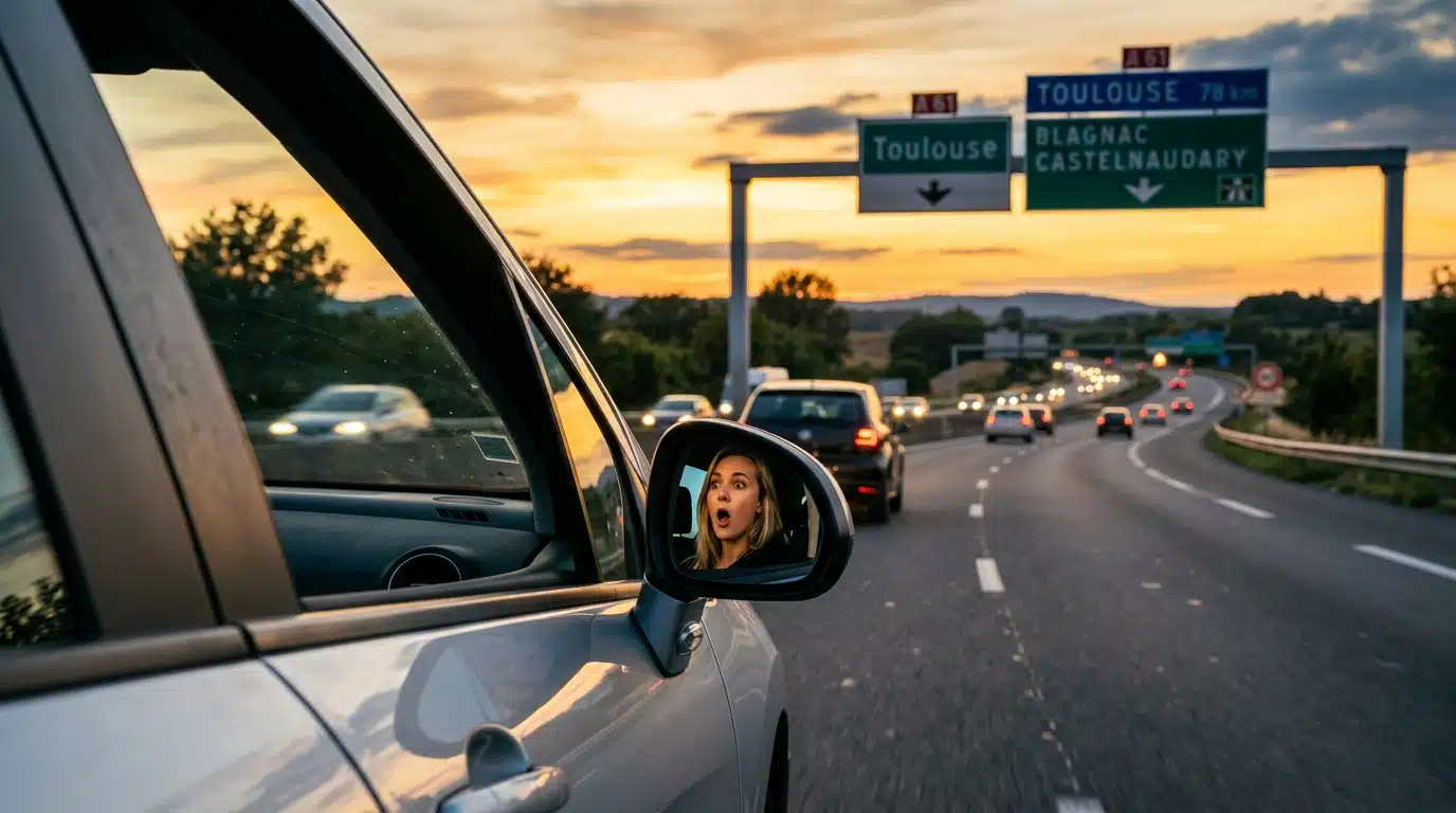 Voiture roulant sur l'autoroute vers Toulouse au crépuscule