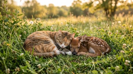 Chat protégeant un bébé faon dans l'herbe