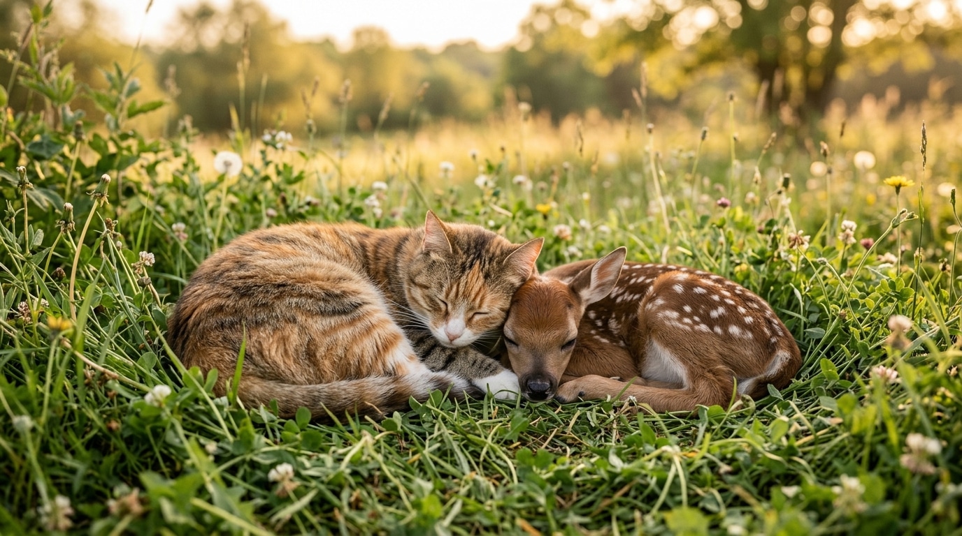 Chat protégeant un bébé faon dans l'herbe