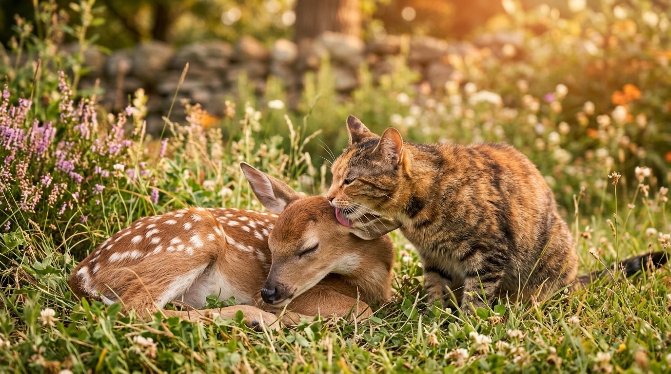 Chat léchant tendrement un faon nouveau-né
