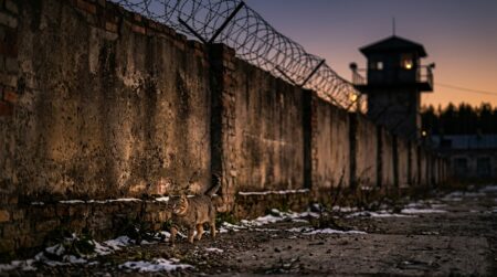 Chat errant près d'un mur de prison russe au crépuscule