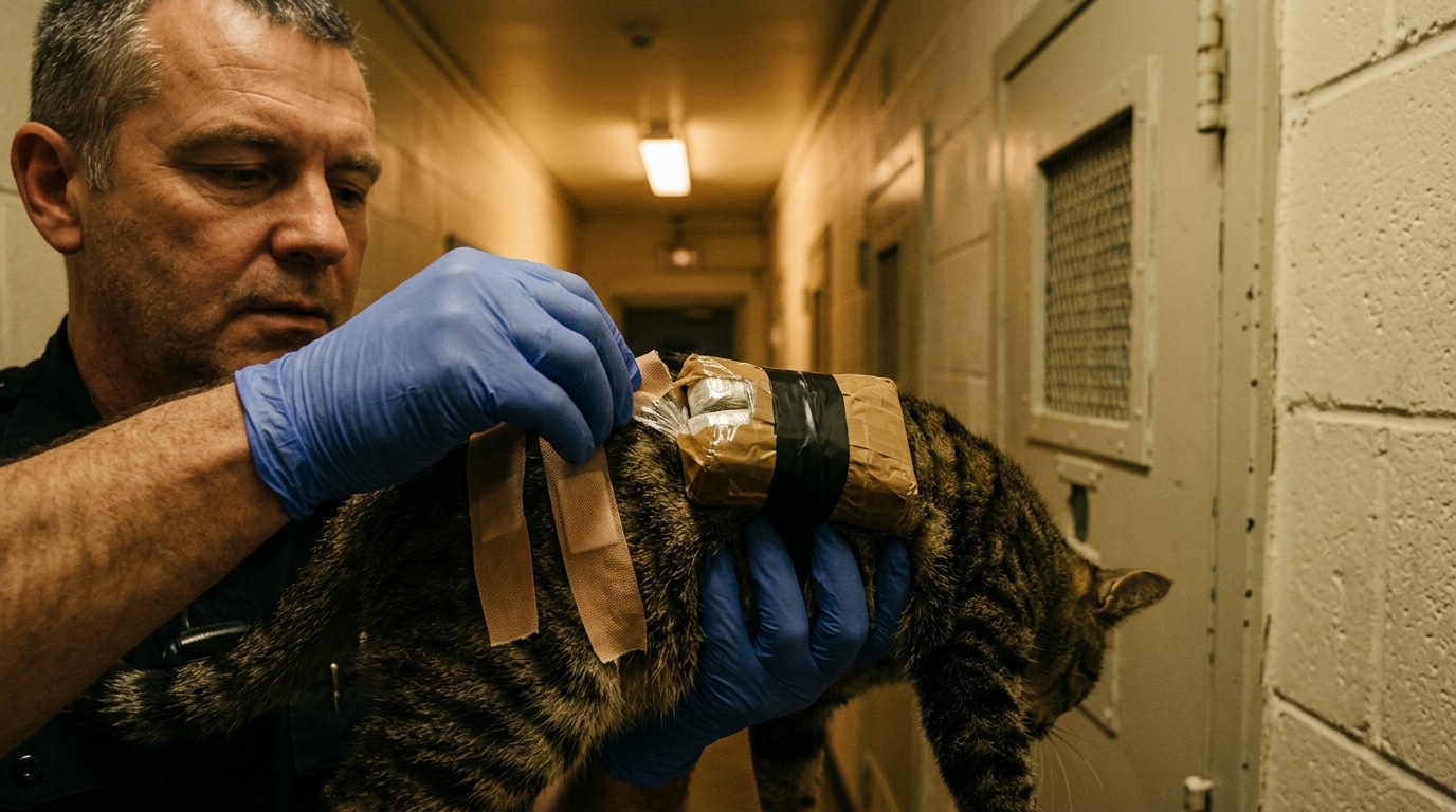 Gardien inspectant un paquet suspect attaché à un chat