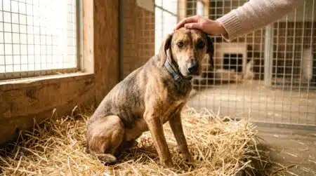 Chien secouru caressé dans un refuge lumineux
