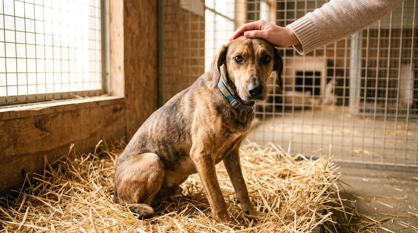 Chien secouru caressé dans un refuge lumineux