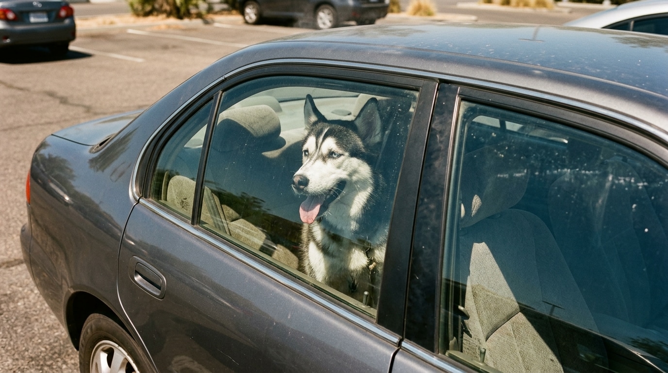 Husky haletant enfermé dans une voiture au soleil