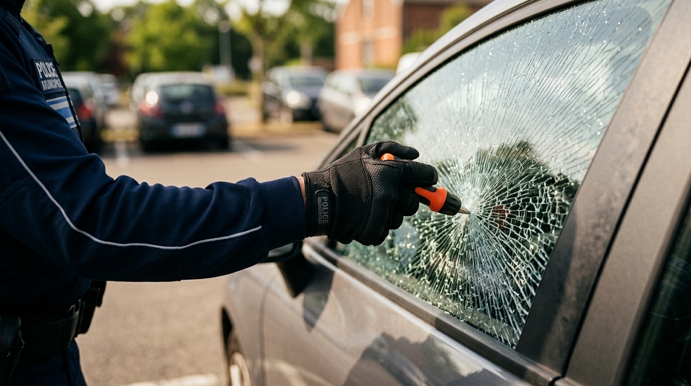 Policier brisant la vitre d'une voiture pour sauver un chien