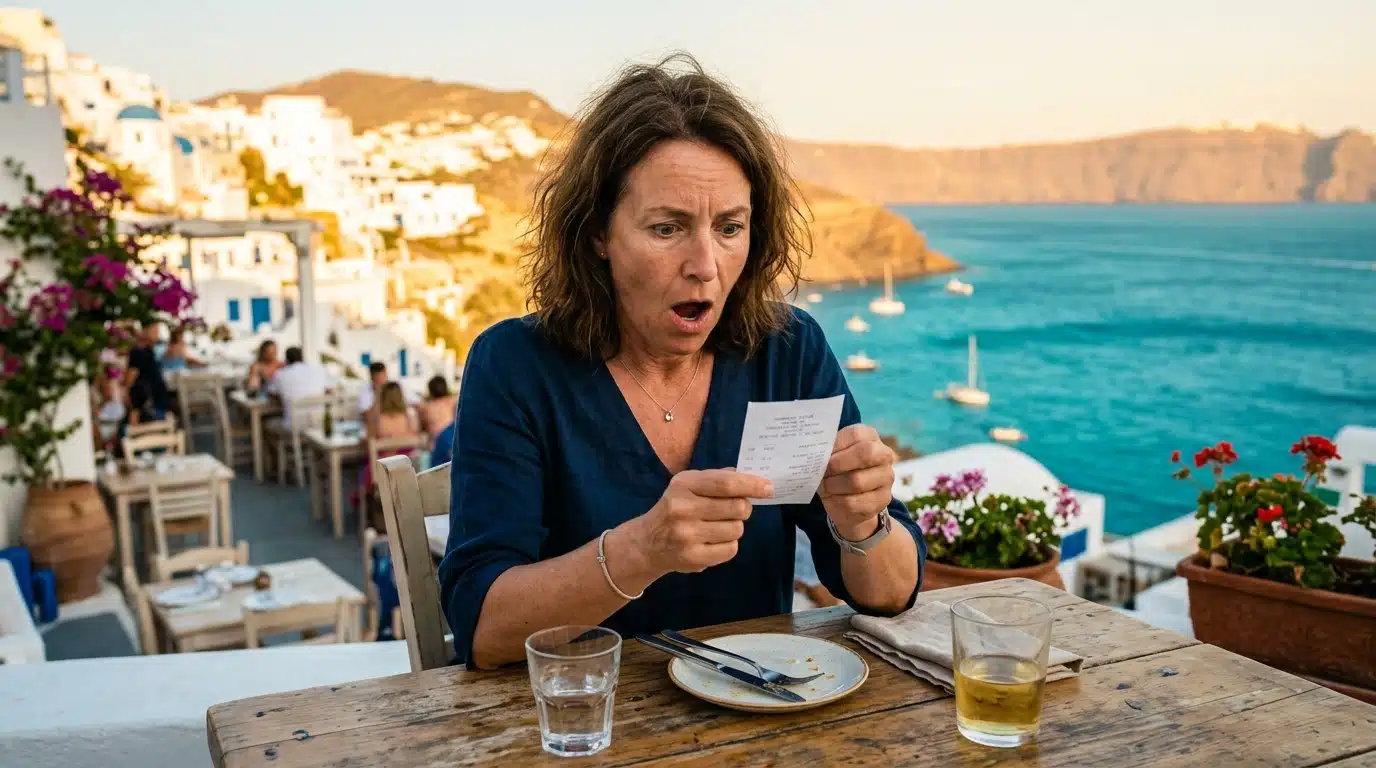 Touriste stupéfait devant une addition de restaurant