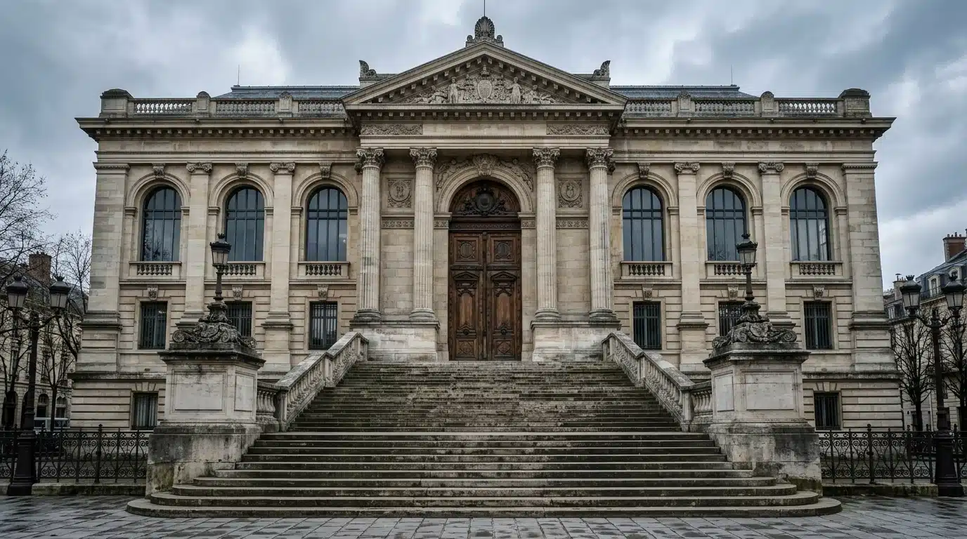 Façade d'un palais de justice français sous ciel gris