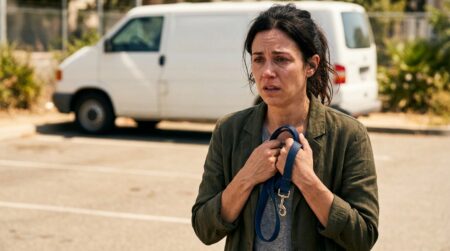 Femme bouleversée tenant une laisse vide près d'un van