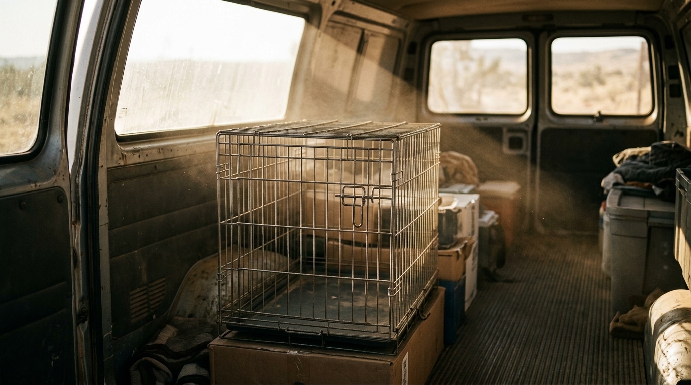 Cage vide empilée dans un van baigné de lumière