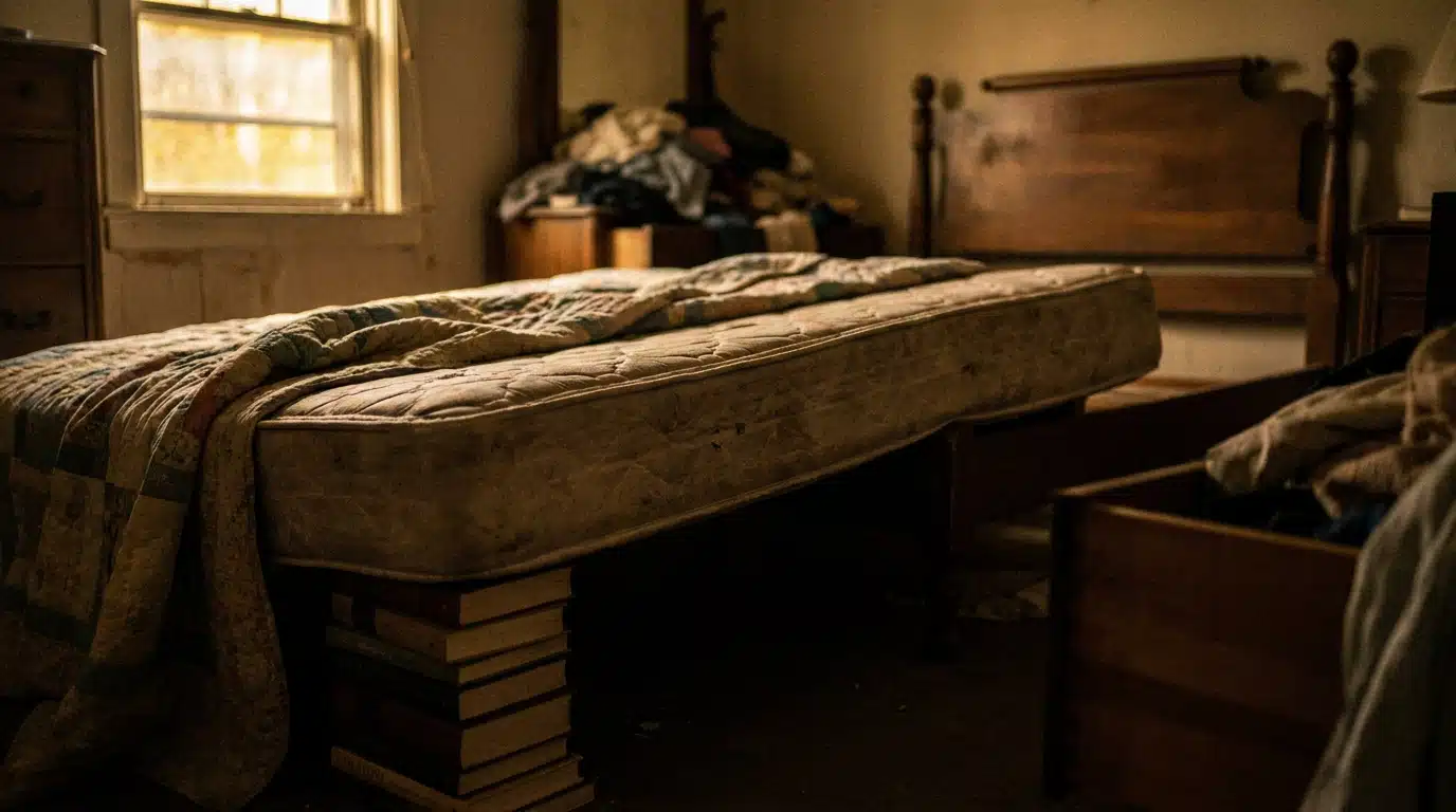 Chambre sombre avec matelas soulevé dans pénombre