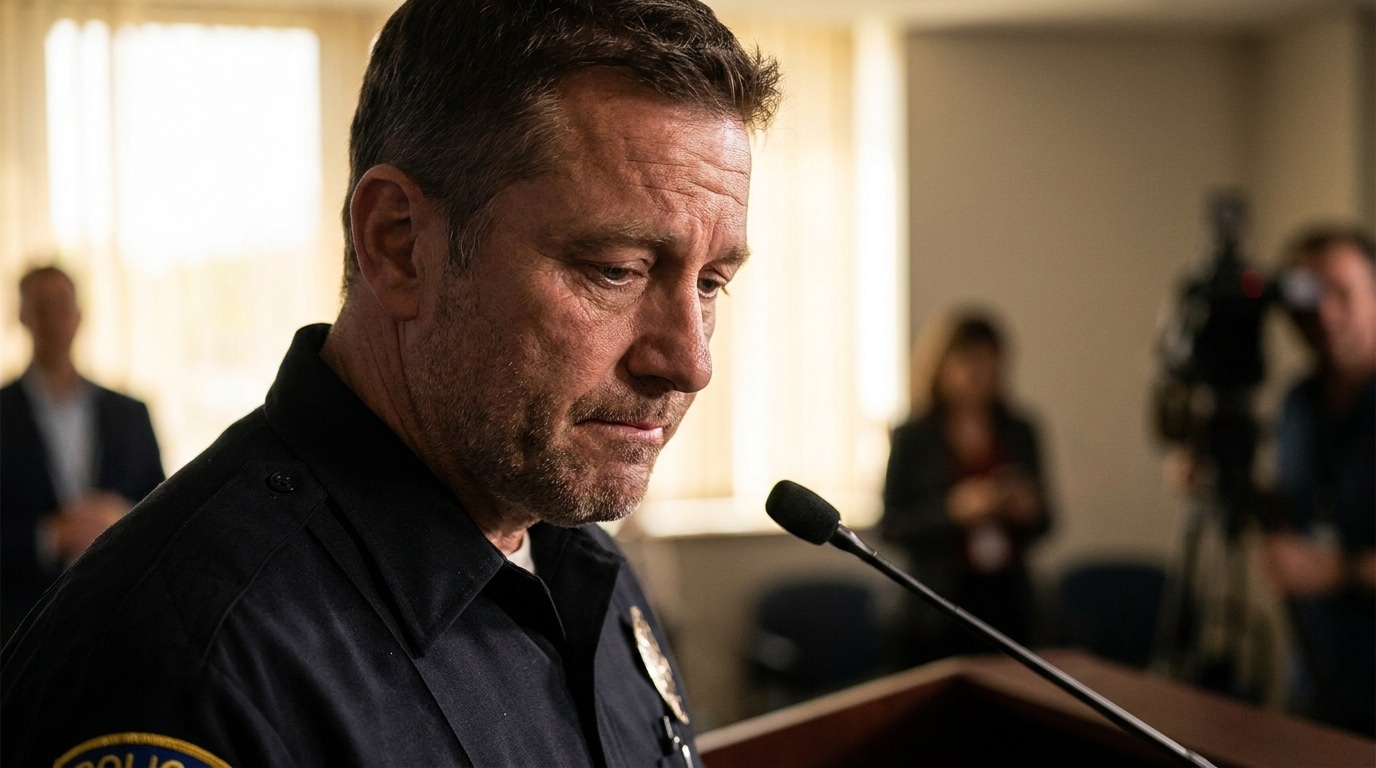 Officier de police ému lors d'une conférence de presse