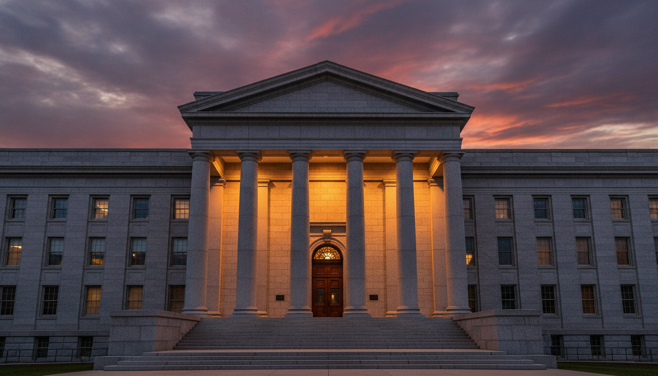 Façade d'un tribunal américain au crépuscule
