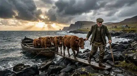 Fermier débarquant cinq vaches sur une île isolée en 1871