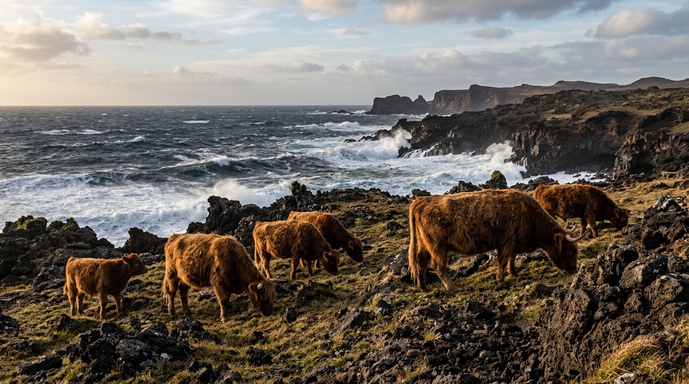 Troupeau de vaches isolé sur une île volcanique venteuse