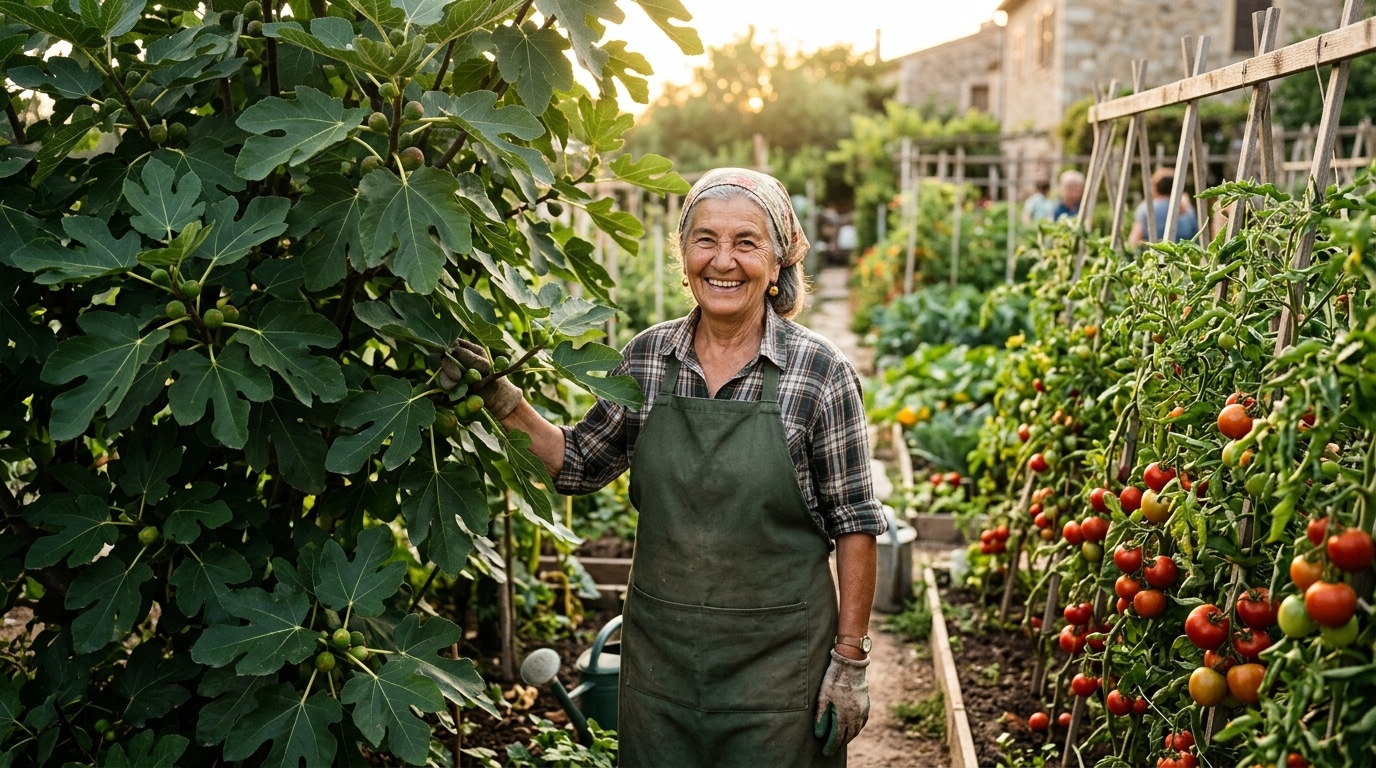 Jardinier souriant près d'un figuier et de tomates