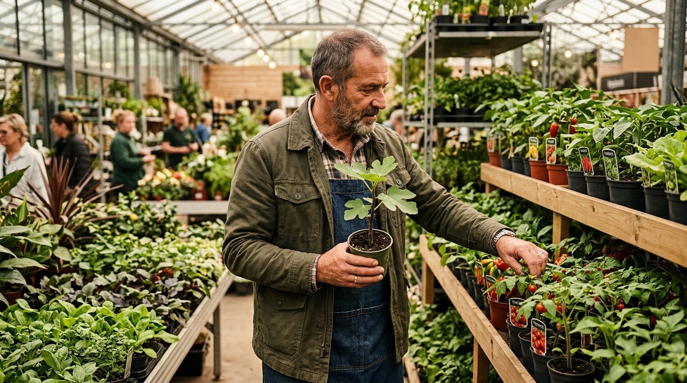 Homme choisissant un jeune figuier en jardinerie