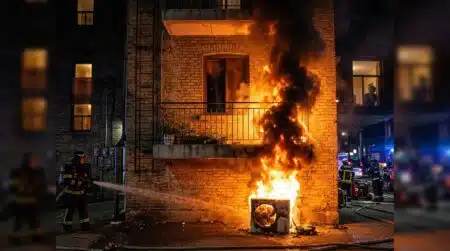 Fumée et flammes s'échappant d'une façade d'immeuble