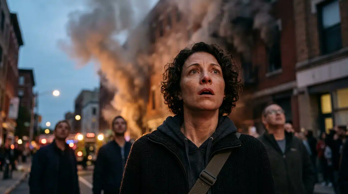 Visage choqué d'un témoin face à l'incendie