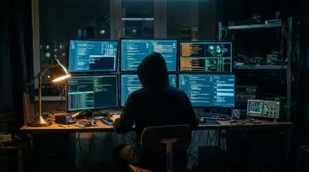 Hacker dans l'obscurité pilotant un réseau via IA