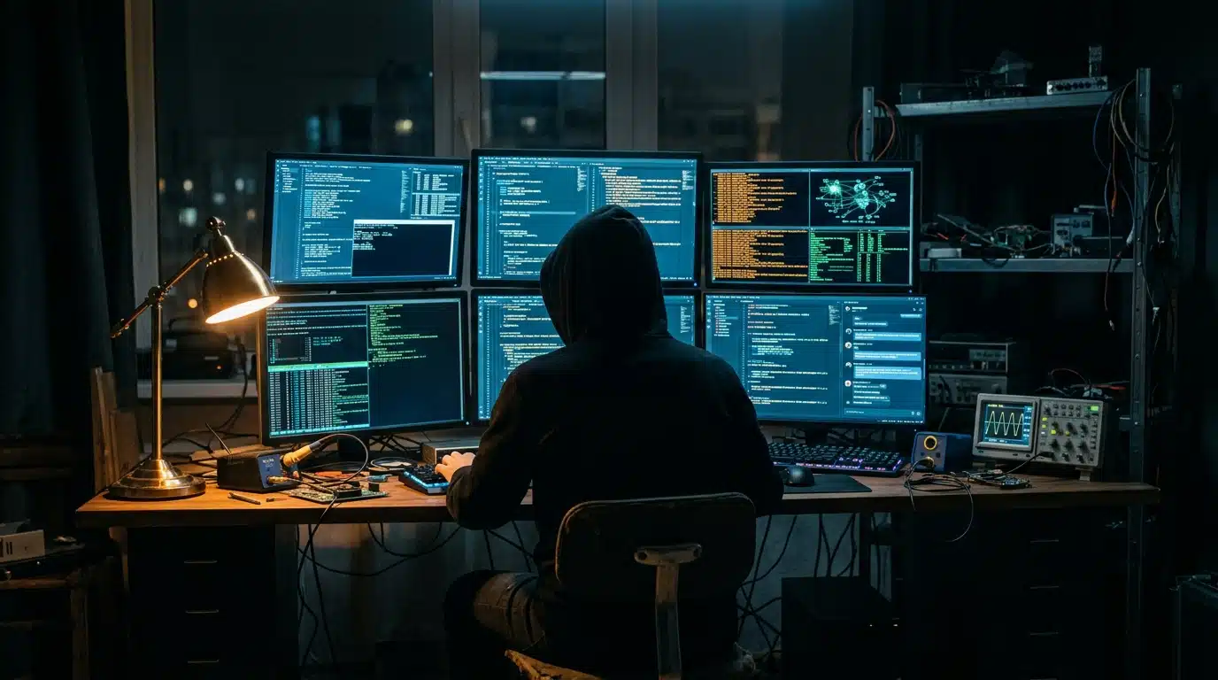 Hacker dans l'obscurité pilotant un réseau via IA