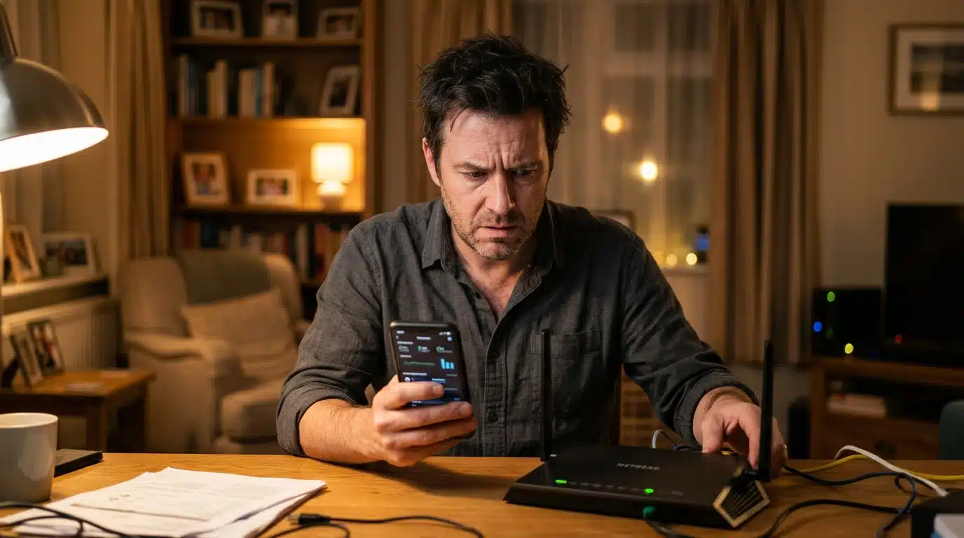 Homme vérifiant la sécurité de sa box internet