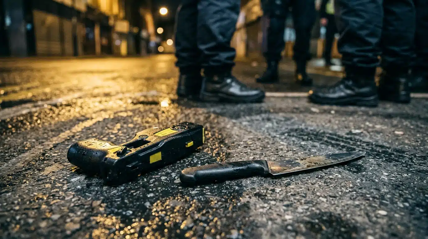 Taser et couteau au sol après une interpellation