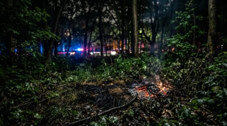 Herbe calcinée fumante dans un bois nocturne