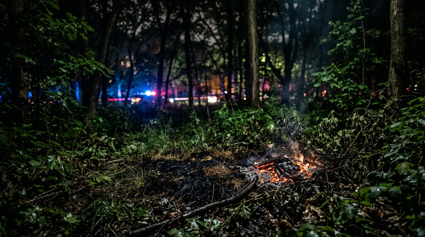 Herbe calcinée fumante dans un bois nocturne