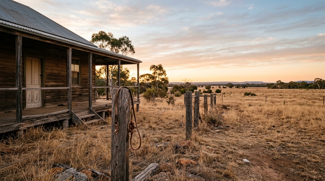 Ferme isolée australienne au petit matin, laisse vide