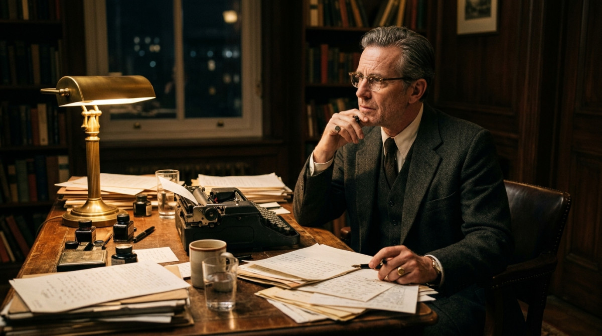 Un homme écrit à son bureau la nuit