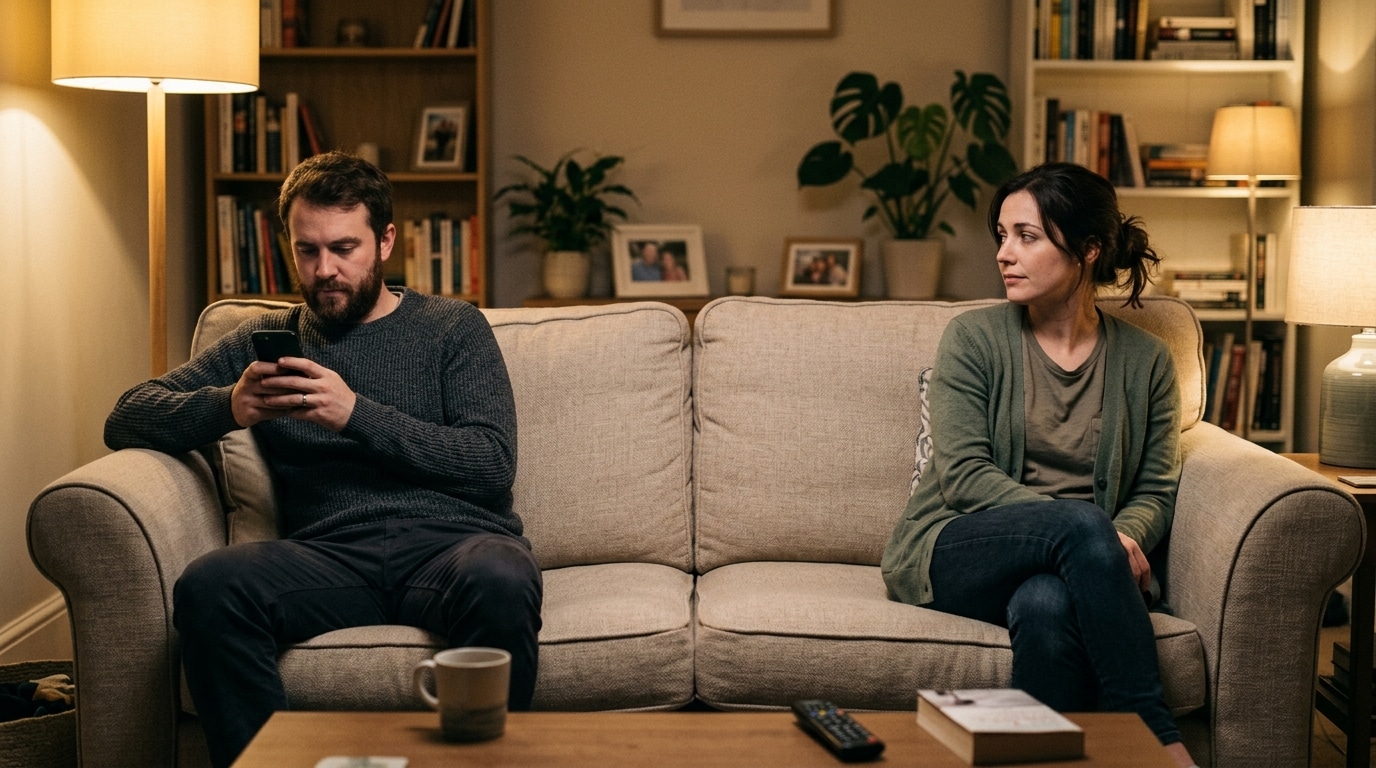 Couple distant assis sur un canapé, homme absorbé par son téléphone