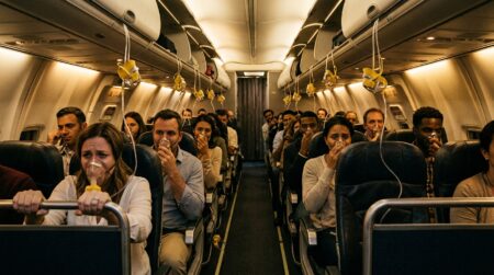 Cabine d'avion en dépressurisation avec masques à oxygène déployés