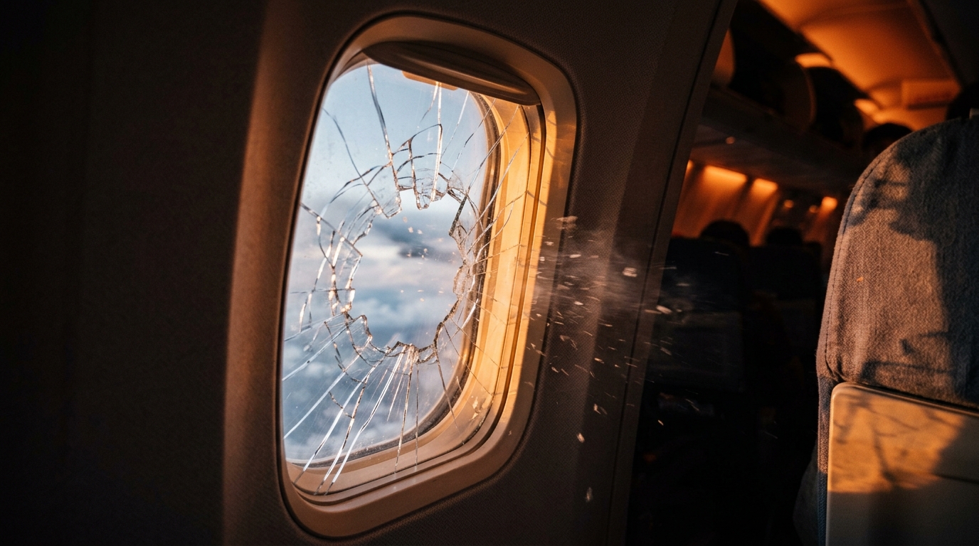 Hublot d'avion brisé en plein vol vu depuis l'intérieur de la cabine