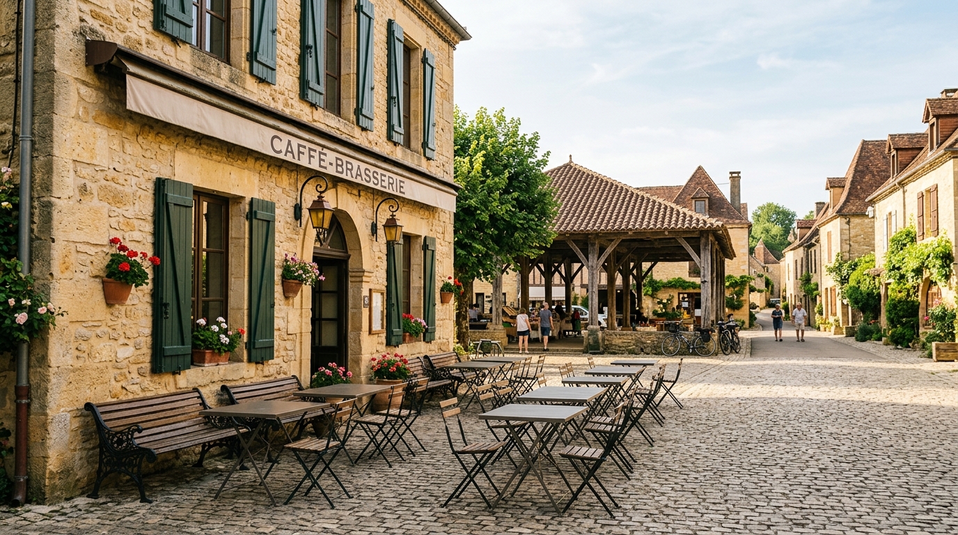 Place de village en Dordogne avec halle en pierre