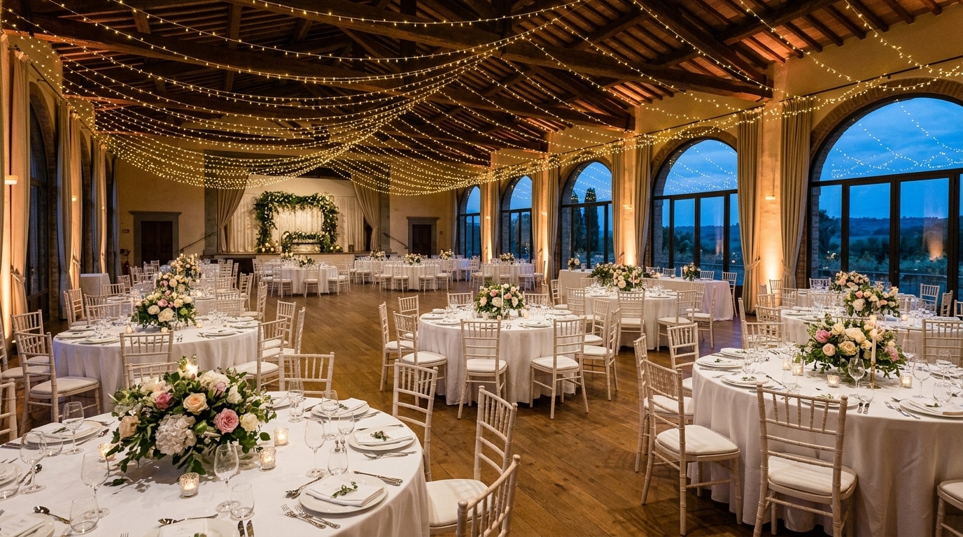 Salle de réception de mariage vide avec tables dressées