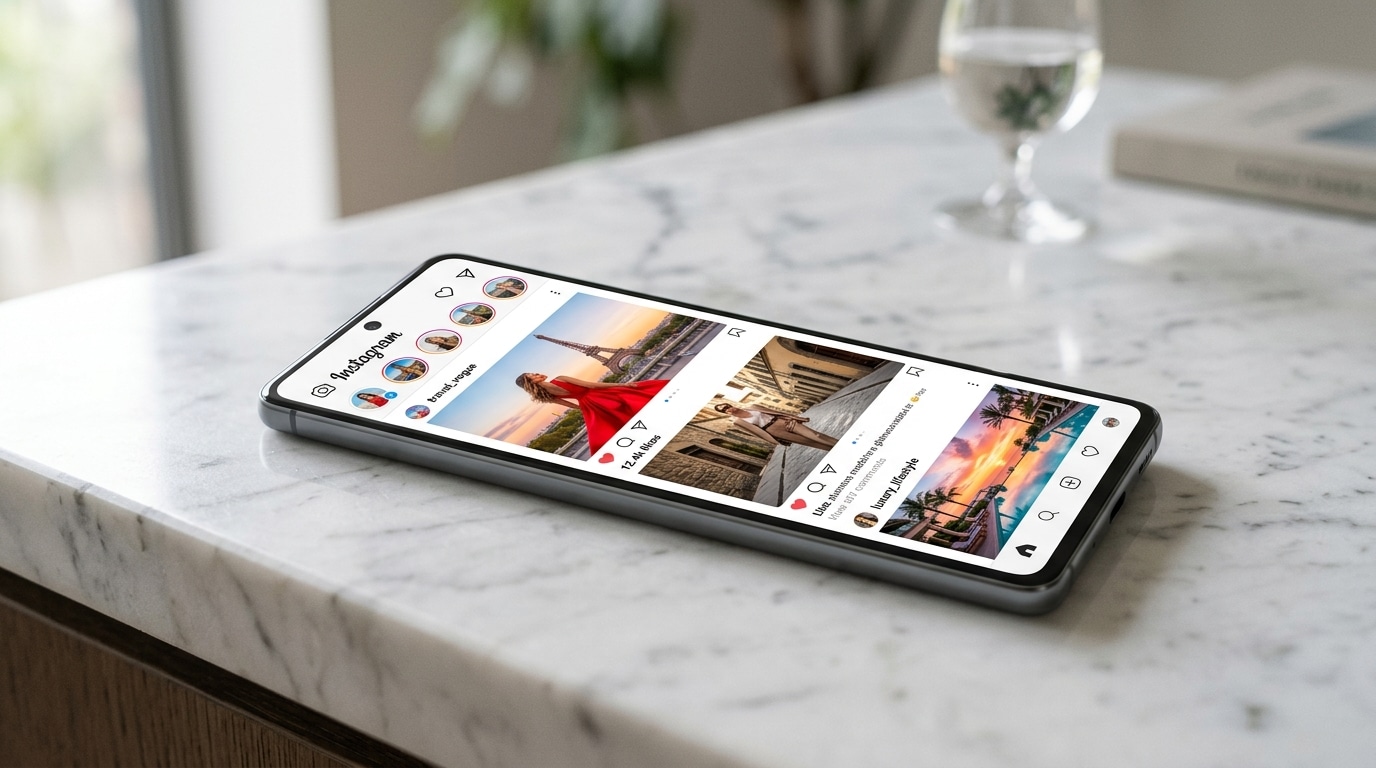 Écran de smartphone affichant un feed Instagram avec des publications glamour