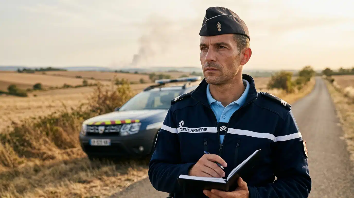 Gendarme observant un panache de fumée au loin